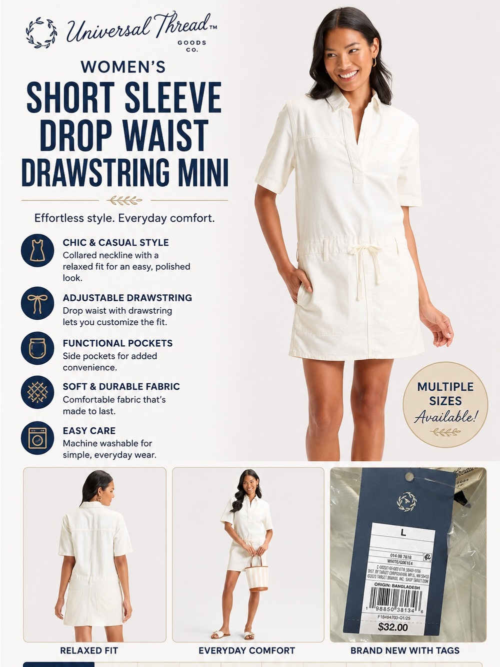 Universal Thread Cream Short Sleeve Drop Waist Drawstring Mini Dress